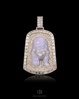 Lavender Dog Tag Style Fu Dog Jade Pendant With 14k and VVS Diamond Wrap
