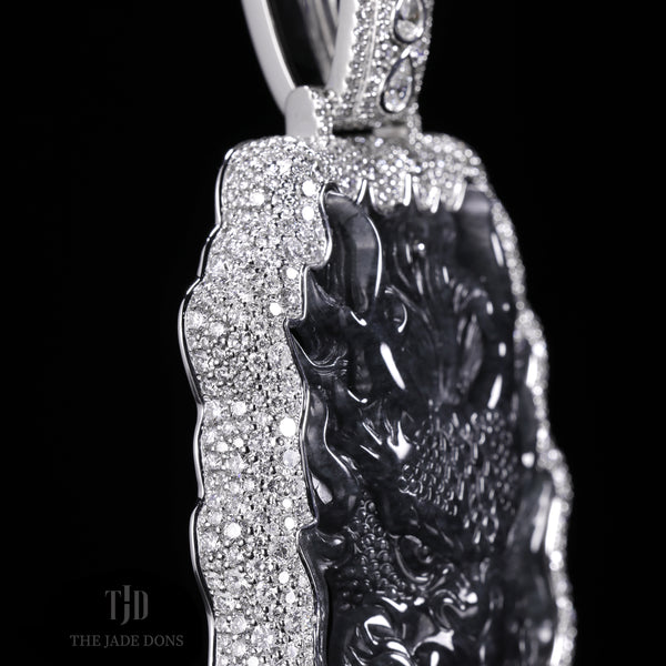 Black Dynasty Dragon Jade Pendant With a 10k White Gold and Mosaic VVS Diamond Wrap