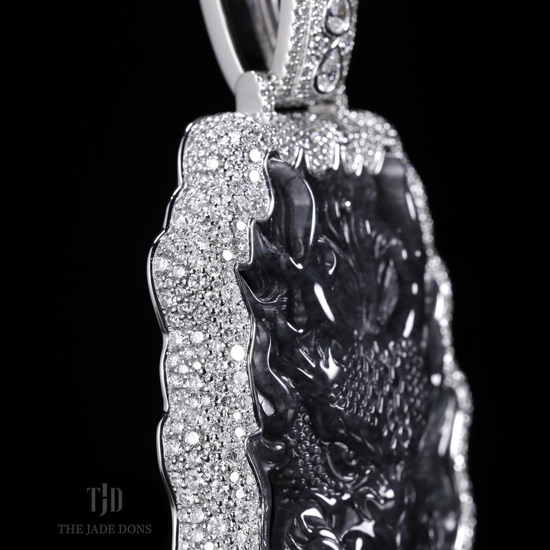 Black Dynasty Dragon Jade Pendant With a 10k White Gold and Mosaic VVS Diamond Wrap