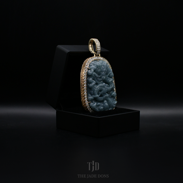 Flying Dragon Jade Pendant With 14k Gold and VVS Diamond Wrap