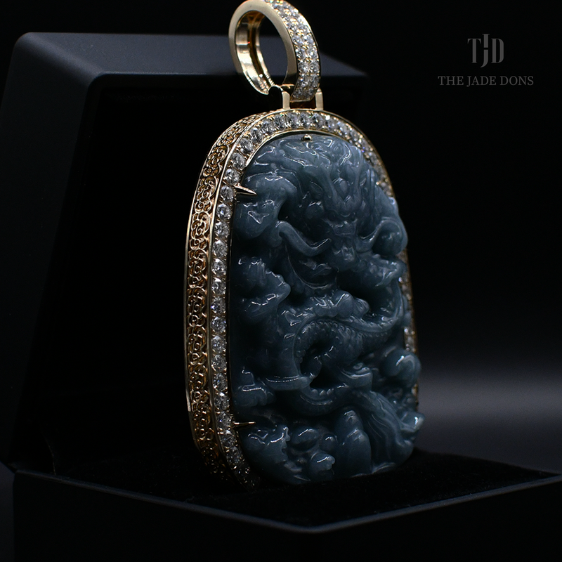 Flying Dragon Jade Pendant With 14k Gold and VVS Diamond Wrap
