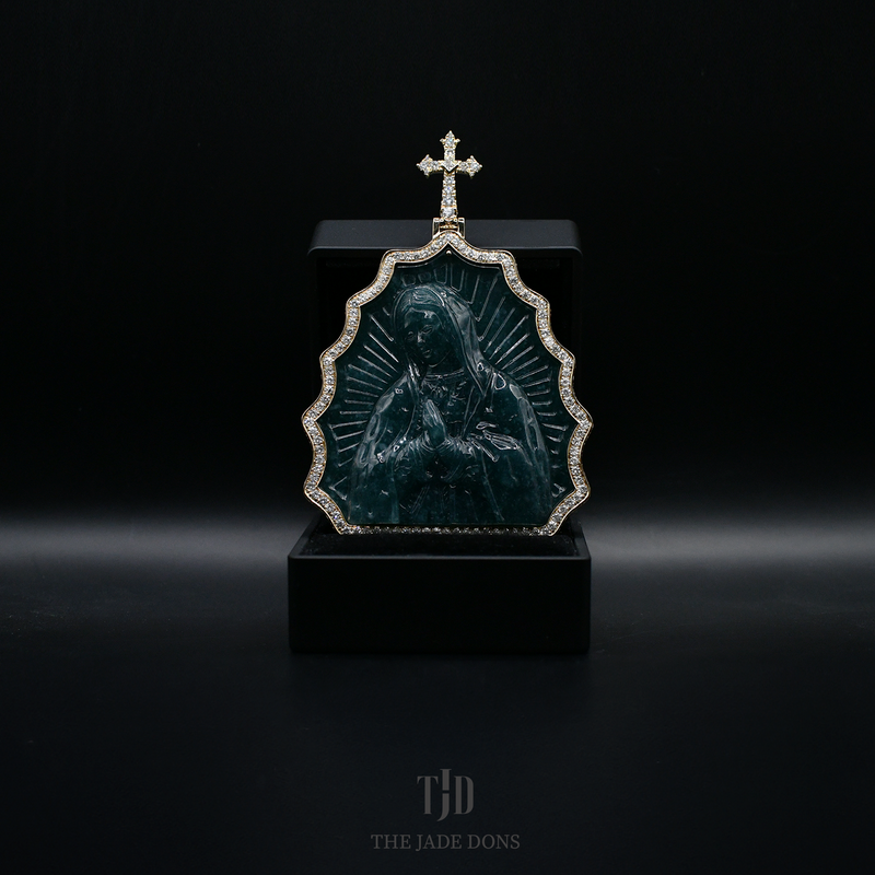 Virgin Mary Jade Pendant With 14k Gold and VVS Diamond Wrap