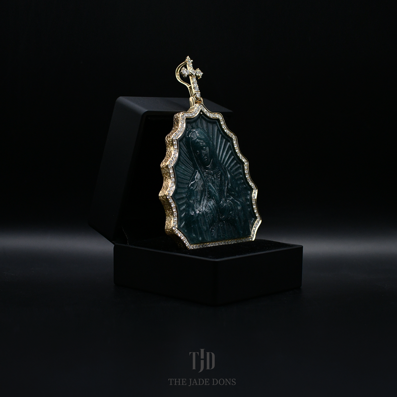 Virgin Mary Jade Pendant With 14k Gold and VVS Diamond Wrap