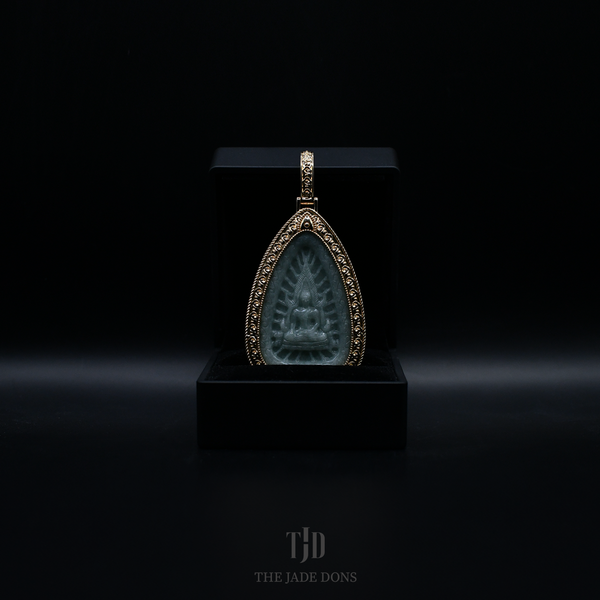 Thai Buddha Amulet Jade Pendant with 18k Gold Wrap