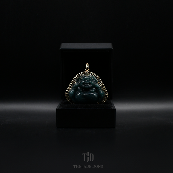 Dark Blue Water Buddha Jade Pendant With 18k Gold Versace Wrap