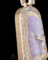 Lavender Dog Tag Style Fu Dog Jade Pendant With 14k and VVS Diamond Wrap