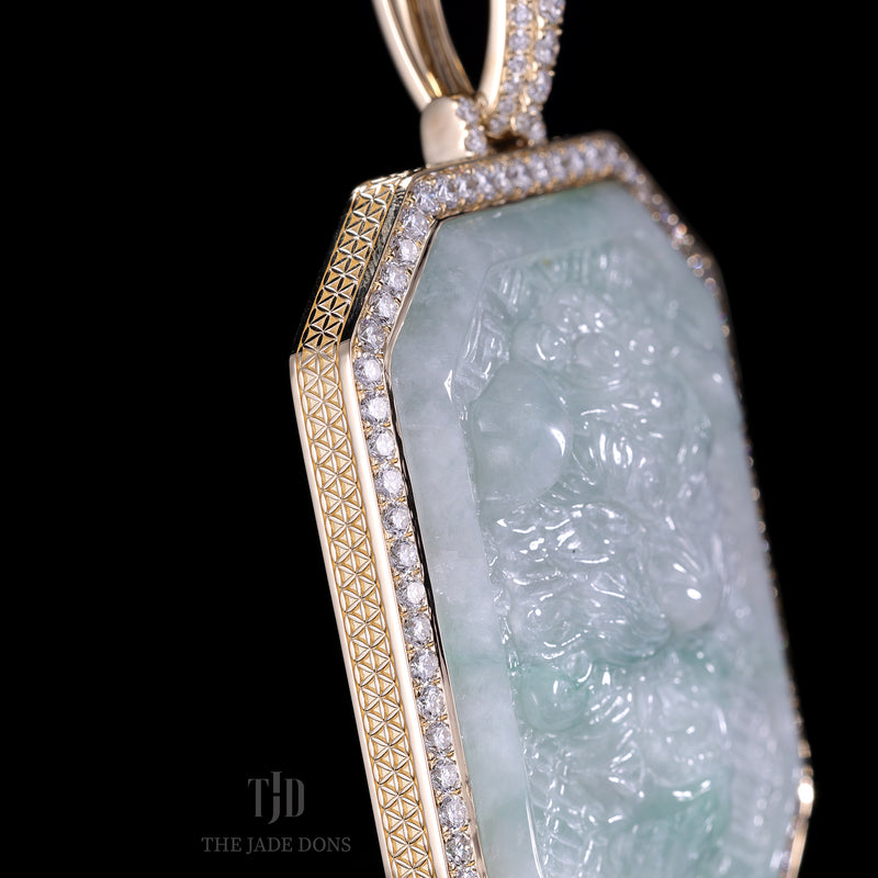 Imperial Fu Dog Head Jade Pendant With 14k Gold and VVS Diamond Wrap