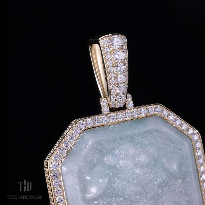Imperial Fu Dog Head Jade Pendant With 14k Gold and VVS Diamond Wrap