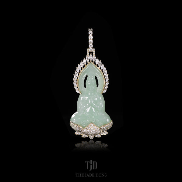 Lotus Guan Yin Jade Buddha with 14k Gold and VVS1 Diamond Wrap