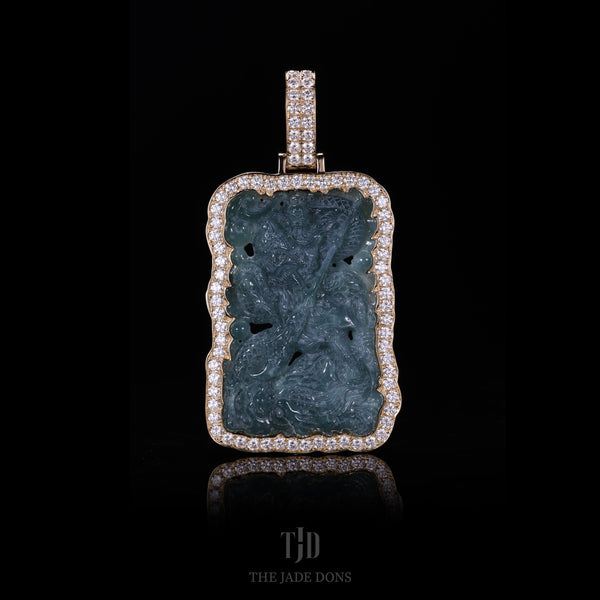 Guan Yu Dragon Jade Pendant With 14k and VVS Diamond Wrap