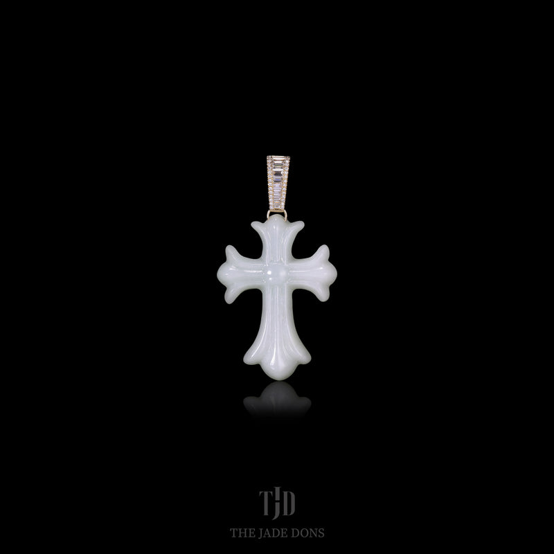 White Jade Lux Cross with 14k Gold and VVS Diamond Bail