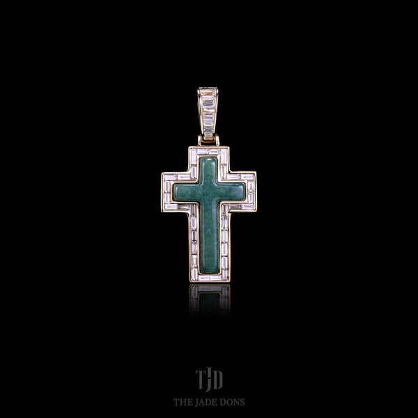 Green Jade Cross with 14k Gold and VVS Baguette Diamond Wrap