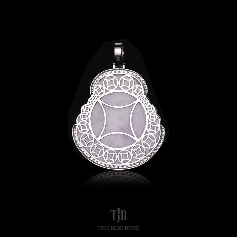 Money Coin Buddha Jade Pendant With 14k White Gold and VVS Diamond Wrap