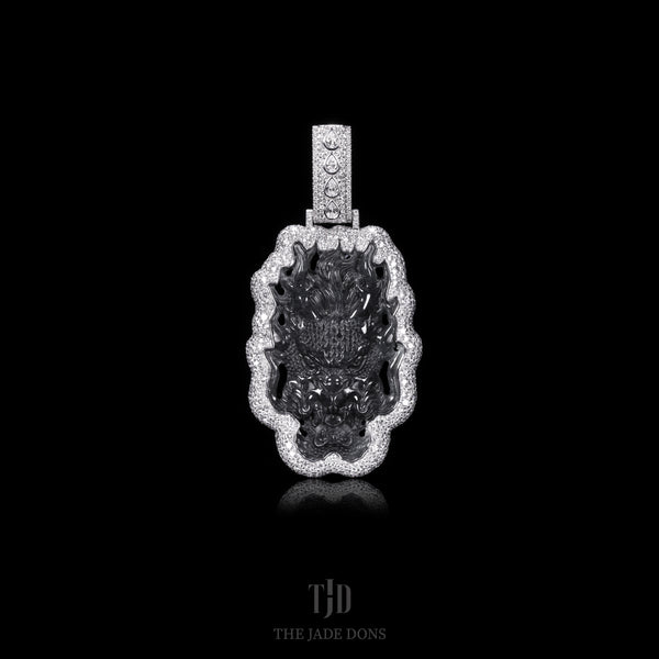 Black Dynasty Dragon Jade Pendant With a 10k White Gold and Mosaic VVS Diamond Wrap