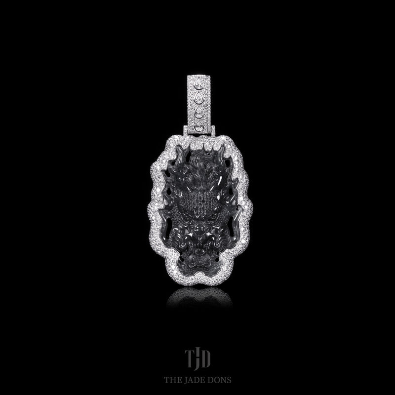 Black Dynasty Dragon Jade Pendant With a 10k White Gold and Mosaic VVS Diamond Wrap