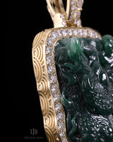 Imperial Dragon Jade Pendant With a 14k yellow Gold and VVS Diamond Wrap