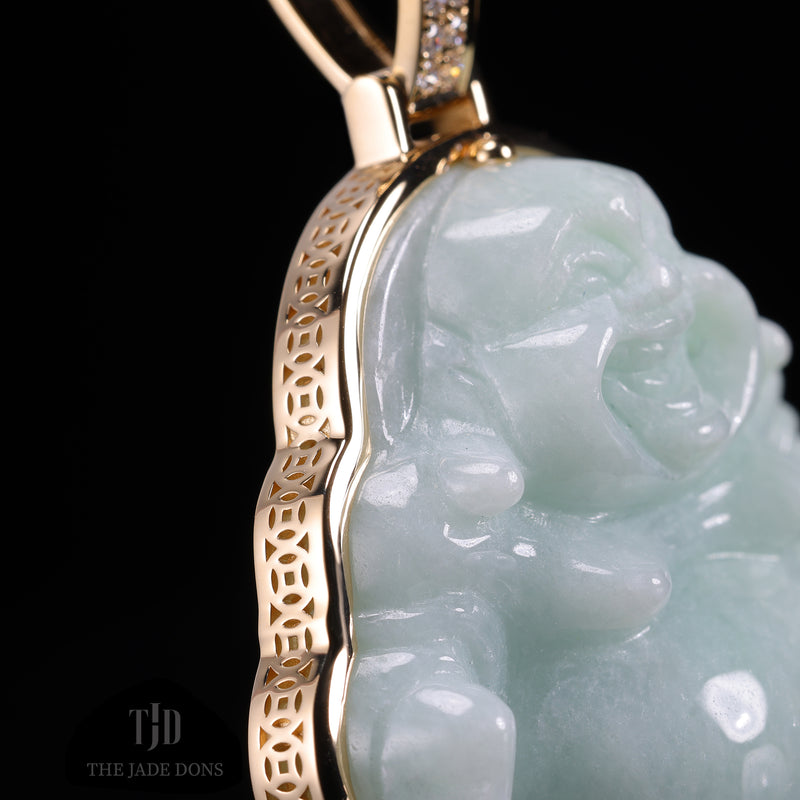 Light Green Laughing Buddha with 18k Gold Wrap and VVS Diamond Bail