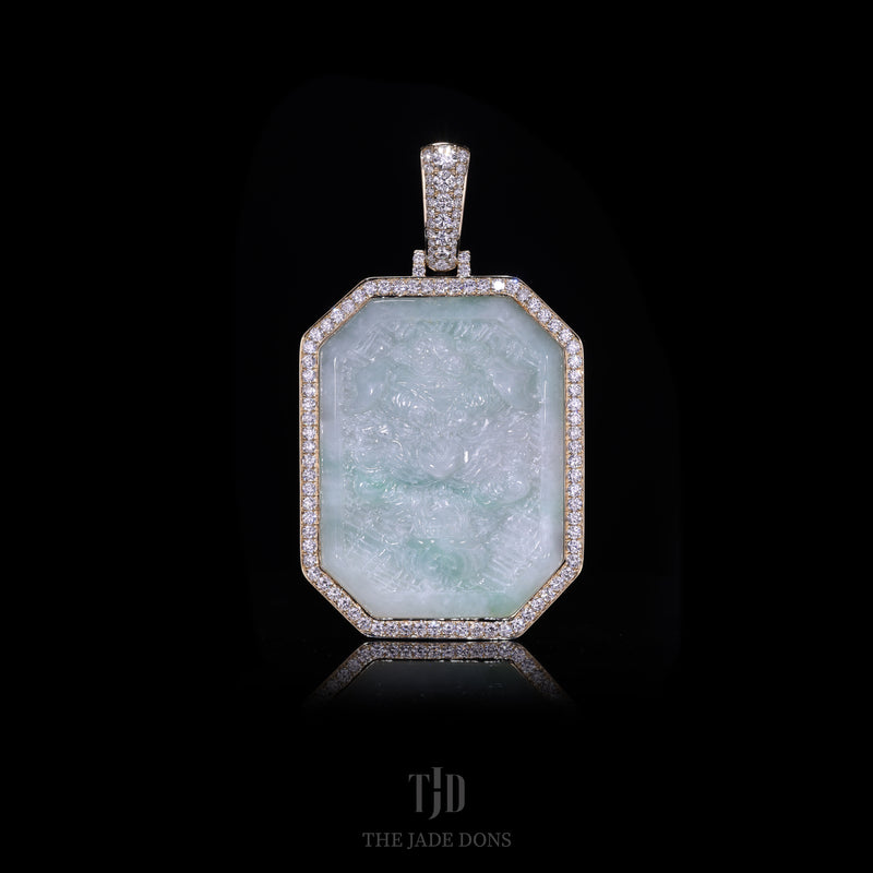 Imperial Fu Dog Head Jade Pendant With 14k Gold and VVS Diamond Wrap
