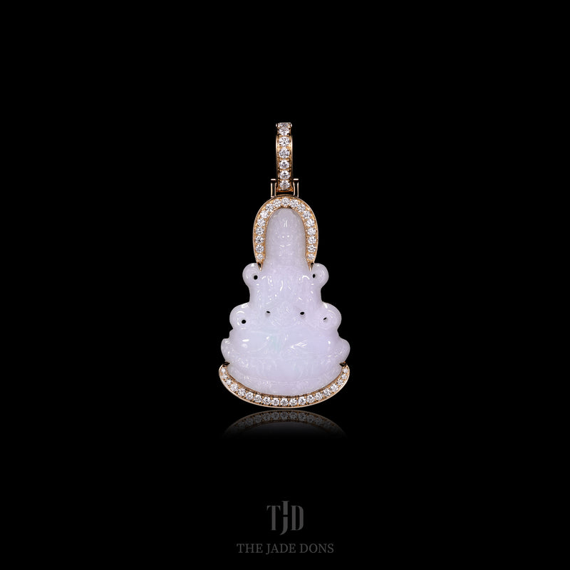 White Guan Yin Jade Buddha with 18k Gold and Natural VS1 Diamond Wrap
