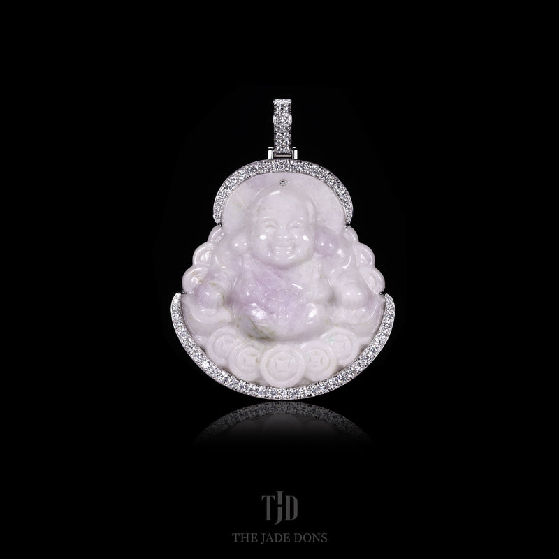 Money Coin Buddha Jade Pendant With 14k White Gold and VVS Diamond Wrap