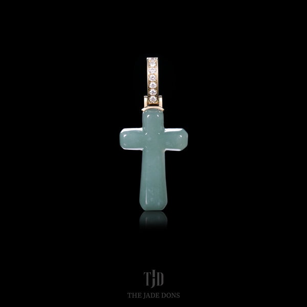 Green Jade Cross with a 14k Gold and VVS Diamond Bail