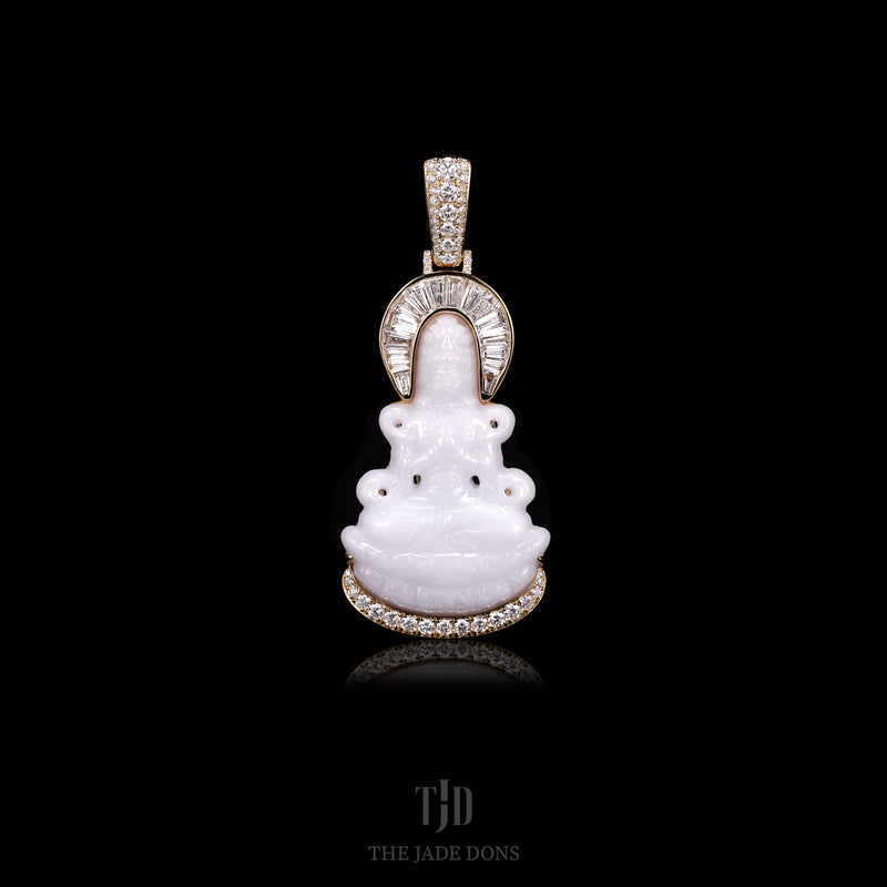 White Guan Yin Jade Buddha with 18k Gold and VVS Full Diamond Wrap
