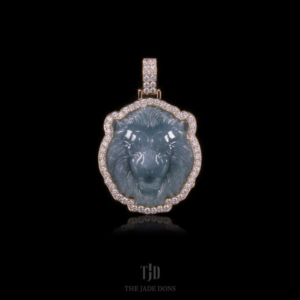 Lion Head Jade Pendant With 14k Gold and VVS Diamond Wrap