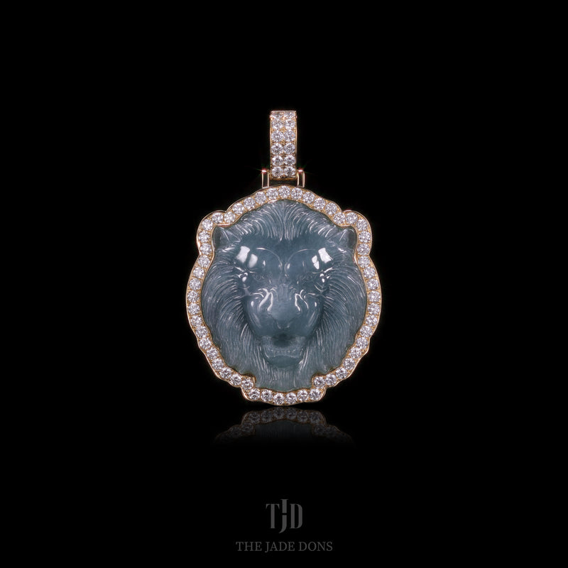 Lion Head Jade Pendant With 14k Gold and VVS Diamond Wrap