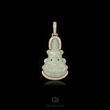 Green Guan Yin Jade Buddha with 18k Gold and Natural VS1 Diamond Wrap