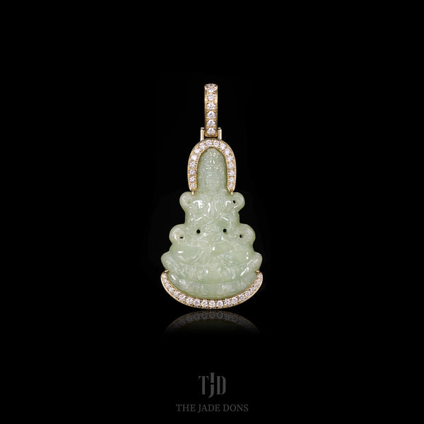 Green Guan Yin Jade Buddha with 18k Gold and Natural VS1 Diamond Wrap
