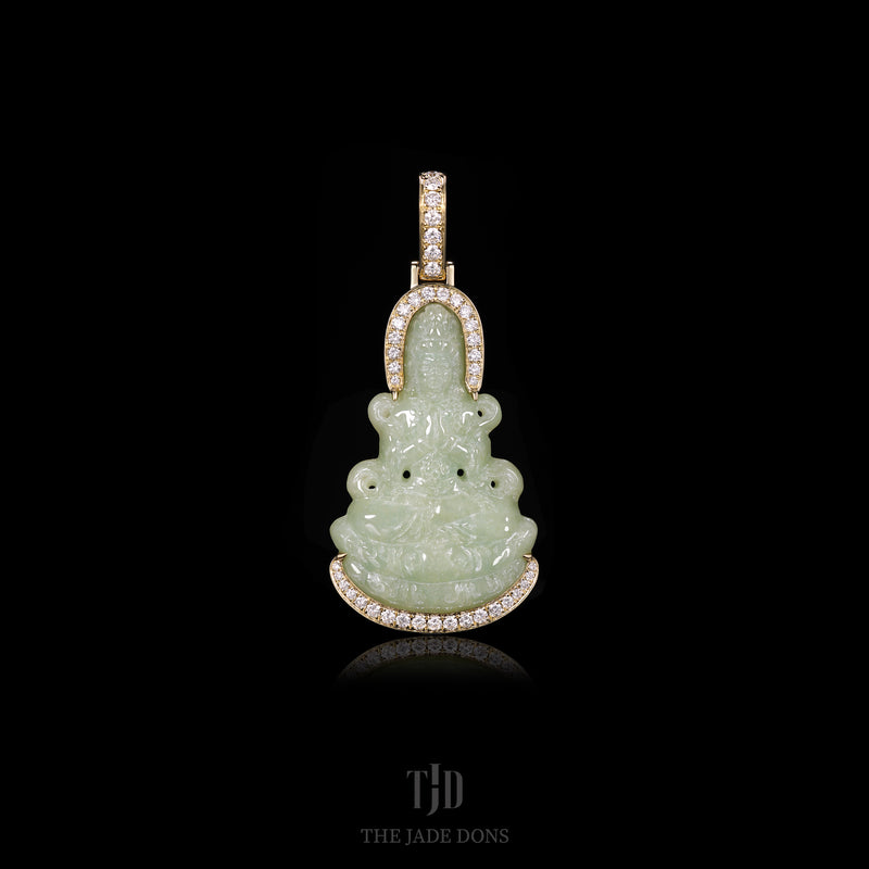 Green Guan Yin Jade Buddha with 18k Gold and Natural VS1 Diamond Wrap