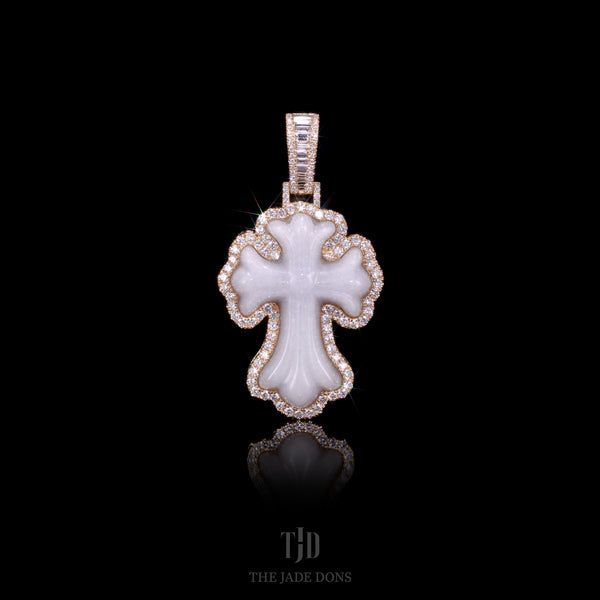 White Jade Lux Cross with 14k Gold and VVS Diamond Wrap