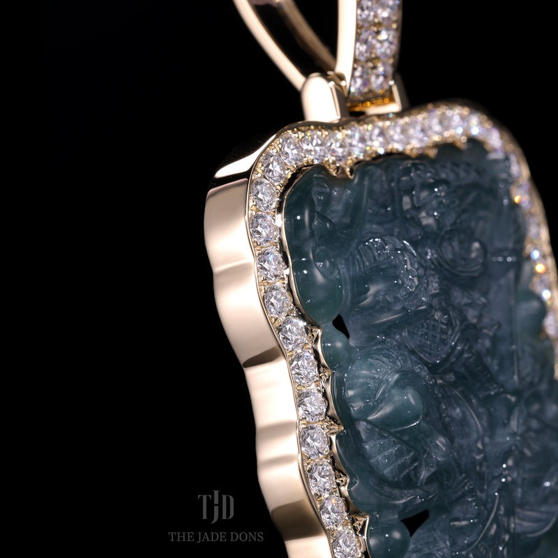 Guan Yu Dragon Jade Pendant With 14k and VVS Diamond Wrap