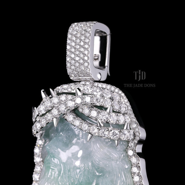 Jesus Piece with Crown of Thorns Jade Pendant With a 10k Gold and VVS Diamond Wrap