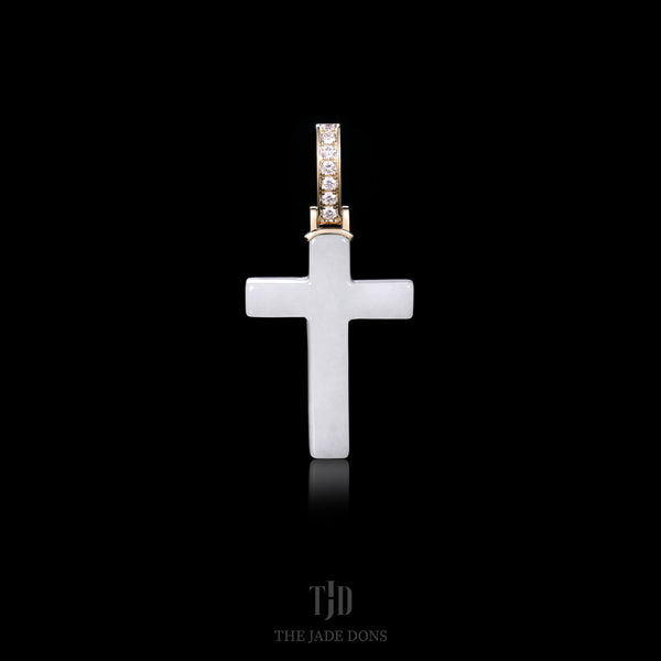 White Jade Cross with a 14k Gold and VVS Diamond Bail