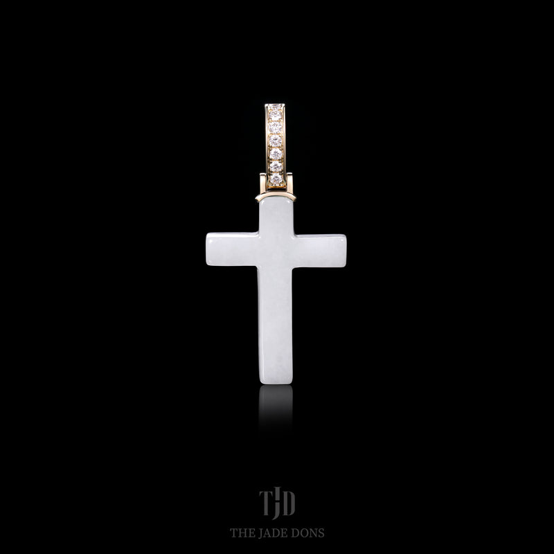 White Jade Cross with a 14k Gold and VVS Diamond Bail