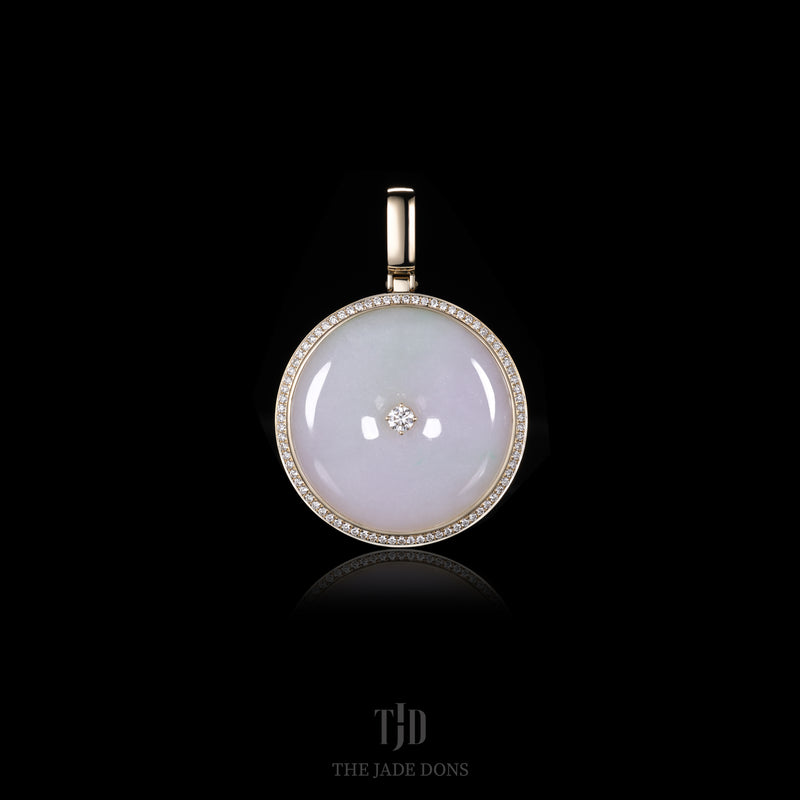 White Donut Jade Pendant With 14k Gold and Natural VS1 Diamond Wrap