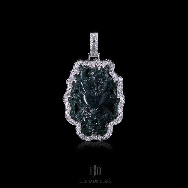 Dynasty Dragon Jade Pendant With 14k White Gold and VS1 Diamond Wrap