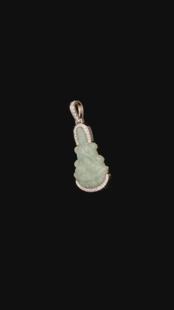 Green Guan Yin Jade Buddha with 18k Gold and Natural VS1 Diamond Wrap